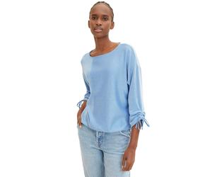 3/4-Arm-Shirt TOM TAILOR DENIM, Damen, Gr. L (40), weiß (blau, weiß, gestreift), Single Jersey, Obermaterial: 58% Viskose, 38% Polyester, 4% Elasthan, gestreift, loose fit normal, Rundhals, verstellba