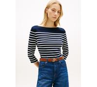 3/4-Arm-Shirt TOMMY HILFIGER "NEW CODY SLIM BOAT-NECK", Damen, Gr. L (42/44), blau (schwarz night navy, ecru stripe), Jersey, Obermaterial: 100% Baumwolle, gestreift, slim fit hüftlang, U-Boot-Ausschn