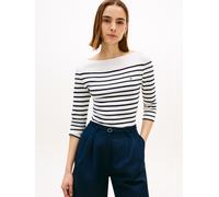 3/4-Arm-Shirt TOMMY HILFIGER "NEW CODY SLIM BOAT-NECK", Herren, Gr. M (40), ecru, schwarz night navy stripe, Jersey, Obermaterial: 100% Baumwolle, gestreift, slim fit hüftlang, U-Boot-Ausschnitt, abge