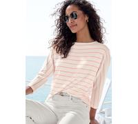 3/4-Arm-Shirt VIVANCE "mit modischer Streifenstruktur", Damen, Gr. 32/34, weiß, apricot, Strick, Obermaterial: 42% Baumwolle, 42% Viskose, 12% Polyester, 4% Elasthan, gestreift, loose fit, Rundhals, S