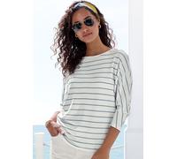 3/4-Arm-Shirt VIVANCE "mit modischer Streifenstruktur", Damen, Gr. 48/50, weiß (weiß, blau), Strick, Obermaterial: 42% Baumwolle, 42% Viskose, 12% Polyester, 4% Elasthan, gestreift, loose fit, Rundhal