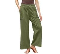 3/4 Hose Damen Cargo Hosen Frauen Damenhosen Kurzgrößen Stretch Einfarbiges Tunnelzug Sommerhose Mit Taschen Baumwoll Leinen Locker Chino Hose Leicht Stoffhose Schnittschutzhose (Armeegrün S)