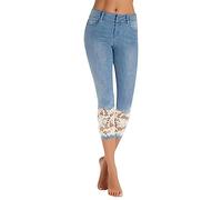 3/4 Jeans Damen mit Spitze, Kurze Jeanshose Damen Slim Fit,Denim Hose Damen Sommer Caprihose Jeansoptik Jeansshorts Stretch Sommerjeans Leggings Sommerhose Dreiviertel Hosen Jeansleggings für Frauen