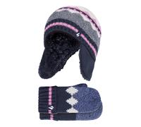Heat Holders - Mädchen Schneeflocke Muster Mütze mit Pom Pom und Ohrenschutz und Fäustlinge (3-6 Jahre, Marine)