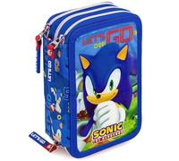 3-Fach Federmäppchen für Sonic Fan - 45-teilig, komplett gefüllt - mit 2 löschbaren Gelstiften, Schere, Kleber, Buntstiften - Blau - ideal für Schule & als Geschenk - Clondo