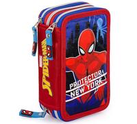 3-Fach Federmäppchen für Spiderman Fan - 45-teilig, komplett gefüllt - mit 2 löschbaren Gelstiften, Schere, Kleber, Buntstiften - Rot - ideal für Schule & als Geschenk - Clondo