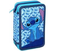 3-Fach Federmäppchen für Stitch Fan - 44-teilig, komplett gefüllt, inklusive Stifte, Bleistifte, Filzstifte, Buntstifte, Scheren - Grundschule und Geschenk - Offizielles Gadget für Kinder