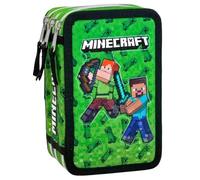 3-Fach Federmäppchen Gefüllt Jungen (6-10 Jahre) für Minecraft Fan - 3D-Effekt Federtasche Schule (44 Teile) - Schüleretui für die Grundschule (20x12x7 cm)