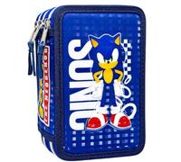 3-Fach Federmäppchen Gefüllt Jungen (6-10 Jahre) für Sonic Fan - 3D-Effekt Federtasche Schule (44 Teile) - Schüleretui für die Grundschule (20x12x7 cm)