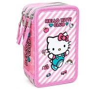 3-Fach Federmäppchen Gefüllt Mädchen (6-10 Jahre) für Hello Kitty Fan - 3D-Effekt Federtasche Schule (44 Teile) - Schüleretui für die Grundschule (20x12x7 cm)