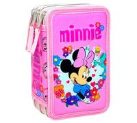 3-Fach Federmäppchen Gefüllt Mädchen(6-10 Jahre) für Minnie Fan - 3D-Effekt Federtasche Schule (44 Teile) - Schüleretui für die Grundschule (20x12x7 cm)