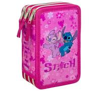 3-Fach Federmäppchen Gefüllt Mädchen(6-10 Jahre) für Stitch Fan - 3D-Effekt Federtasche Schule (44 Teile) - Schüleretui für die Grundschule (20x12x7 cm)