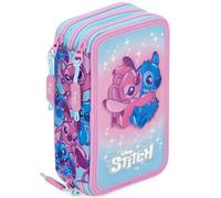3-Fach Federmäppchen Mädchen Gefüllt für Stitch Fan - Schulmäppchen Set 46 Teile mit Radierbaren Stiften, Filzstiften, Buntstiften - ideal für Schule & als Geschenk 6-12 Jahre