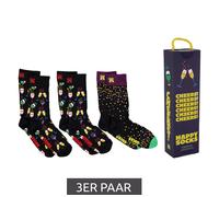 3 Paar Happy Socks Celebrations Edition Baumwoll-Socken mit Sektgläsern Cocktails und Konfetti-Punkten-Print Sparpack in Geschenk-Box P001723 Schwarz/Bunt 36-40