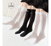 3 Paar Mädchen Kniestrümpfe, Kinder lange Röhrensocken, Mesh, einfarbig, Streifen, Raute, Zopfstrick, Spitzenrüsche, Schleife, Schleifenband, Wade Län