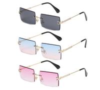 3-Paar rahmenlose Damensonnenbrille, rechteckige modische Retro-Sonnenbrille, Unisex-Schutzbrille, um starkem Licht zu widerstehen, geeignet für Fotografie und Sport (Lila, Blau-rosa, Schwarz)