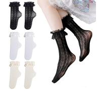 3 Paar Rüschen Socken Mit Böge für Damen, Trachtensocken Mit Spitzen Knöchel, Dirndl Socken für Lolita Dress, Kawaii Clothes für Frauen Mädchen