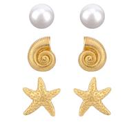 3 Paare Strand Ohrringe, Goldene Ohrstecker mit Seesternen Muscheln und Perlen für Damen Schmuckzubehör zum Thema Sommerurlaub