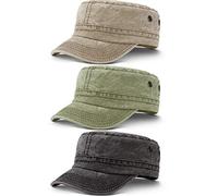 3 Pieces Cadet Army Caps Military Flat Top Caps Washed Cotton Cadet Cap Adjustable Military Style Hat Unisex Baseball Cap (Khaki, Army Green, Black)