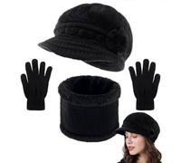 3 Pieces Hat Scarf and Gloves Set Winter Warm Women Slouchy Knitted Flower Beanie Caps with Visor Fleece Hats and Neck Warmer Scarf with Gloves