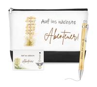 3 Stück Abschiedsgeschenk Kollegen Kollegin Set,Kosmetiktasche mit Spruch,Kugelschreiber,Schutzengel Schlüsselanhänger & Dankeskarte,Kleines Dankeschön Geschenk für Jobwechsel Ruhestand (Abenteuer)
