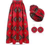 3 Stück afrikanischer Rock für Damen, bedruckt, Maxirock, lange Röcke mit Taschen, Boho-Stil, lässiges Kleid, Kopfwickel, Schal, baumelnde Ohrringe, Mehrfarbig, Mittel