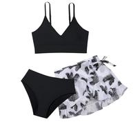 3 Stück Bikini Set Mädchen - Kinder Teenager Mädchen Badebekleidung Tankini-Bademode-Set Badeanzug mit Rock Einfache Farbe Sommer Bademode Strand Sports 8-12 Jahre