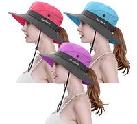 3 Stück Damen Pferdeschwanz breite Krempe Sonnenhut verstaubar UV-Schutz Strandkappe zum Angeln & Wandern - Violett - Einheitsgröße