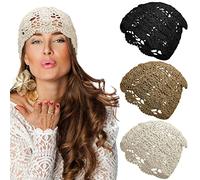 3 Stück gehäkelte Slouchy-Beanie-Mütze, handgefertigt, gestrickt, Blumenmuster, Sommer-Totenkopfkappe, dehnbar, leichte Baumwolle, Cutout-Hüte für Mädchen und Frauen, Khaki, Schwarz und Weiß, Khaki,