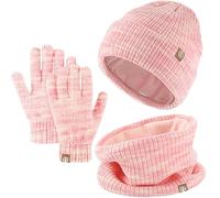 3 Stück Kinder Wintermützen Handschuhe Schal Set Beanie Mütze Warme Gestrickte Touchscreen-Handschuhe Loop WinterSchlauchschal für Jungen Mädchen 5-12 Jahre Outdoor Aktivitäten (Rosa-Mischung)