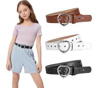 3 Stück Kindergürtel Mädchen, PU Verstellbare Herz Schnalle Taillengürtel, Herz Schnalle Leder Mädchen Gürtel, Kindergürtel für 6-12 Jahre Kinder Hosen Röcke Jacken (Kamelfarbener, Schwarz, Weiß)