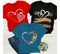 3 Stück Leopard- und Blume Muster Herz-förmiges Damen T-Shirt Sommer Kombi Grafik Shirts Damen Oberteile