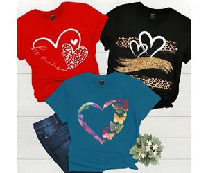 3 Stück Leopard- und Blume Muster Herz-förmiges Damen T-Shirt Sommer Kombi Grafik Shirts Damen Oberteile