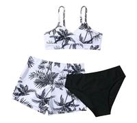 3 Stück Mädchen Teenager Bikini Sets V-Ausschnitt Verstellbare Kinder Badeanzug Mädchen Bikinioberteil Sonnenschutz Bikinis Bikinihose und Shorts Blätter Druck Kinder Badebekleidung 7-12 Jahre