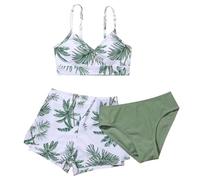 3 Stück Mädchen Teenager Bikini Sets V-Ausschnitt Verstellbare Kinder Badeanzug Mädchen Bikinioberteil Sonnenschutz Bikinis Bikinihose und Shorts Blätter Druck Kinder Badebekleidung 7-12 Jahre