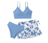 3 Stück Mädchen Teenager Bikini Sets V-Ausschnitt Verstellbare Kinder Badeanzug Mädchen Bikinioberteil Sonnenschutz Bikinis Bikinihose und Shorts Blätter Druck Kinder Badebekleidung 6-12 Jahre