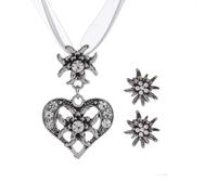 3 Stück Modeschmuck Set enthält 1 Halskette und 2 Ohrringe, Skinny Dress Schmuck Kostüm Halskette mit Crystal Snowflake Herz Anhänger und Snowflake OhrringeDamen Oktoberfest Kostüm Skinny Dress Kostüm