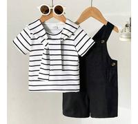 3 Stück/Set Baby Jungen Lässig Multifunktions Regenjacke, gestreiftes Rundhals Kurzarm T-Shirt und verstellbare Jeans Latzhose, geeignet für Pendeln,