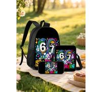 3 Stück/Set bunte SIX SEVEN Roboter Themen Rucksack Set, inklusive Umhängetasche, Federmäppchen und Aufbewahrungstasche - strapazierfähiger Oxford-Sto