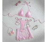 3 Stück/Set Damen sexy einfarbiger Spitze Volant Saum Mini Rock, Spitze Dreieck Cup String Rosa Bikini Badeanzug Set für Sommer Strandurlaub