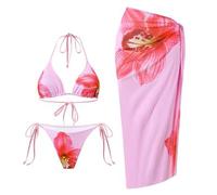 3 Stück/Set Damen Sommer Strand Urlaub Lässig Outfits, Blumenmuster Badeanzug, String Slip, Mesh Vorderband Strandkleid, Boho Stil
