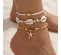 3 Stück/Set Sommer Strand Urlaub Muschel, Muschelgeflecht Fußkette, Boho-Stil Perlen Kette, Metall Legierung Seestern Anhänger Fußschmuck für Frauen,