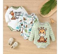 3 Stücke Baby Jungen Cartoon Giraffen Muster & Wildtier Allover Muster Langarm Bodysuit Set, Herbst/Winter