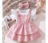 3 Stücke Baby Mädchen Süße Prinzessin Set: Einfarbiges T-Shirt mit Flügelärmel, Jacquard Blumen Latzkleid mit gestuftem Rock, Haarband mit Schleife