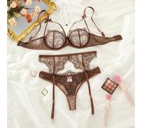 3 Stücke Damen braune Blumen Spitze Transparenz Mesh Strumpfhalter BH, Slip & Strumpfhalter Dessous Set, dekoriert mit Schleifenakzent