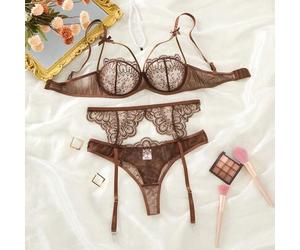 3 Stücke Damen braune Blumen Spitze Transparenz Mesh Strumpfhalter BH, Slip & Strumpfhalter Dessous Set, dekoriert mit Schleifenakzent
