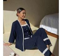 3 Stücke Damen-Pyjama-Set im Urlaubsstil mit strukturierter Polka-Dot-Stoff, ärmellosem Tanktop, Cardigan-Jacke und geraden langen Pyjamahosen