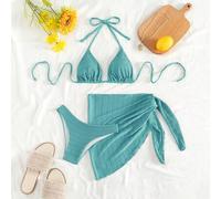 3 Stücke Damen Sommer Strand Urlaub einfarbig strukturierter Stoff rückenfrei Twist Vorderseite Bikini Set, Damen Strand Mode stilvolle Kollektion, mi
