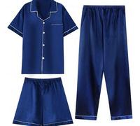 3 Stücke Herren Satin Pyjama Set, inklusive Lange Hose, Seide Bademantel, Kurzarm Cardigan Top, bequeme weiche Sommer Loungewear, Einfarbige Serie