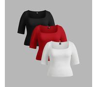 3 Stücke lässige Kawaii Western einfarbige gestrickte T-Shirts mit quadratischem Ausschnitt, Kurzarm, Slim Fit, Große Größen, formell, für Zuhause, Ur